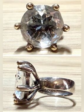Designer YAM Israel Sterling Silver & 14K Gold Clear Natural Stone Ring, Size 5